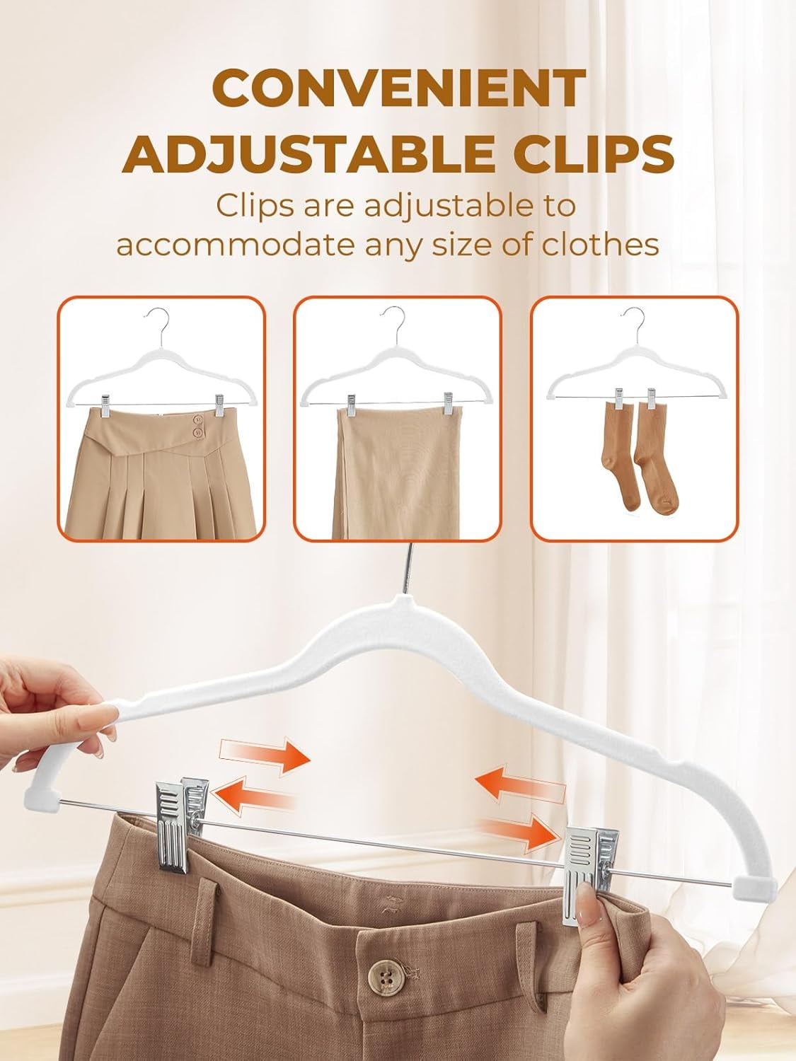 cozymood Velvet Pants Hangers 24 Pack, White Velvet Hangers with Adjustable Clips, Space Saving Slim Skirt Hangers