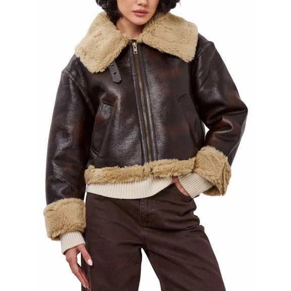Women Faux Leather Jacket with Faux Fur Lining Warm Winter Biker Coat Brown M