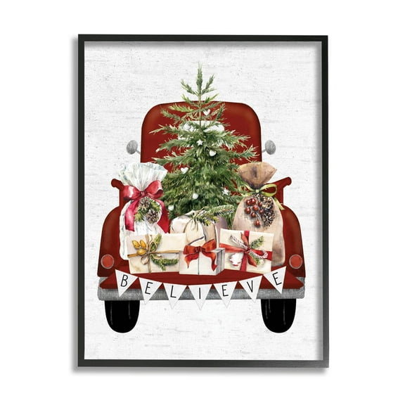 Stupell Industries Believe Seasonal Christmas Truck Graphic Art Black Framed Art Print Wall Art, Design by Lettered and Lined
