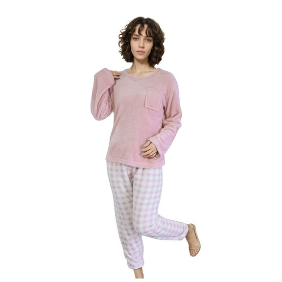DHFJKG Pajamas For Women Set Flannel Winter Sleepwear Long Sleeve Loose Fit Top Elastic Waist Ankle-Tied Plaid Pants 2 Piece Loungewear Fuzzy Soft Homewear