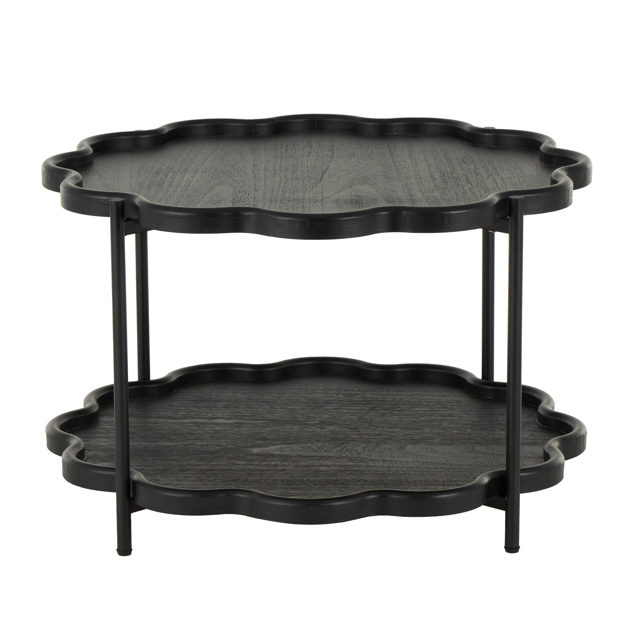 DecMode 32" x 20" Black Wood Floral Inspired 2 Level Coffee Table with Metal Legs, 1-Piece