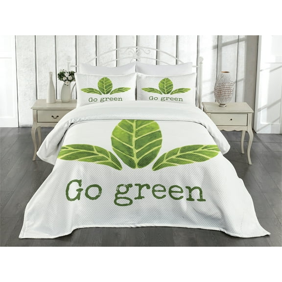 Ambesonne Sage Quilted Bedspread Set 3 Pcs, Eco Concept Green Leaves, Queen Size, Green White