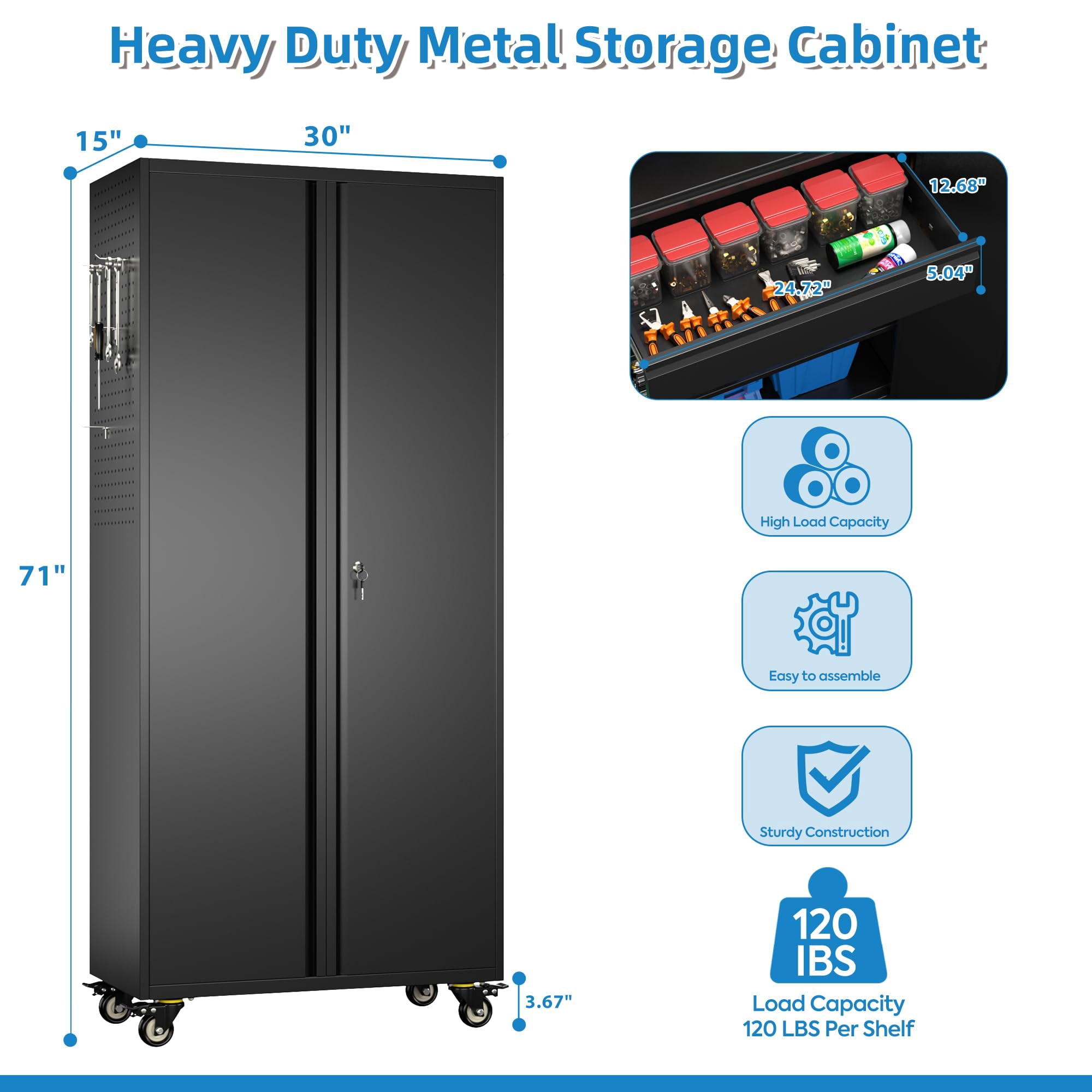 GangMei 72" Metal Storage Cabinet with Wheels and 1 Drawer