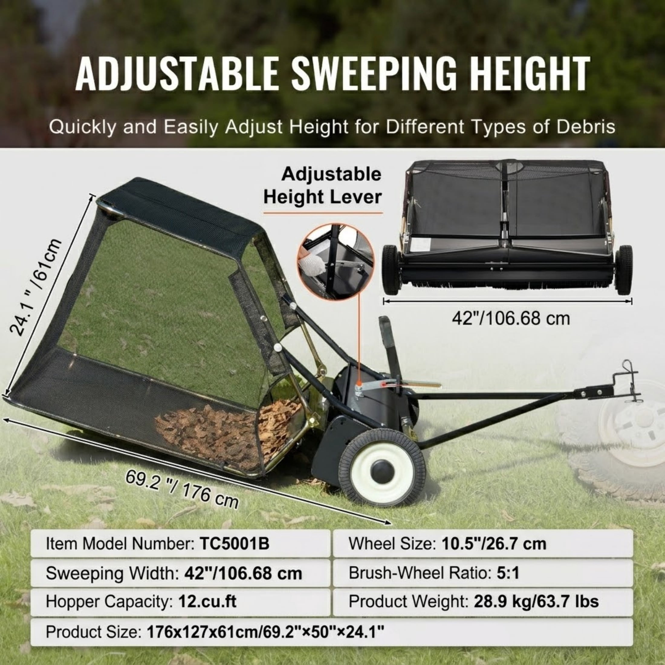 42-Inch 12 cu.ft. Tow Behind Lawn Sweeper, Heavy Duty Leaf and Grass Collector with Dumping Rope & Adjustable Height