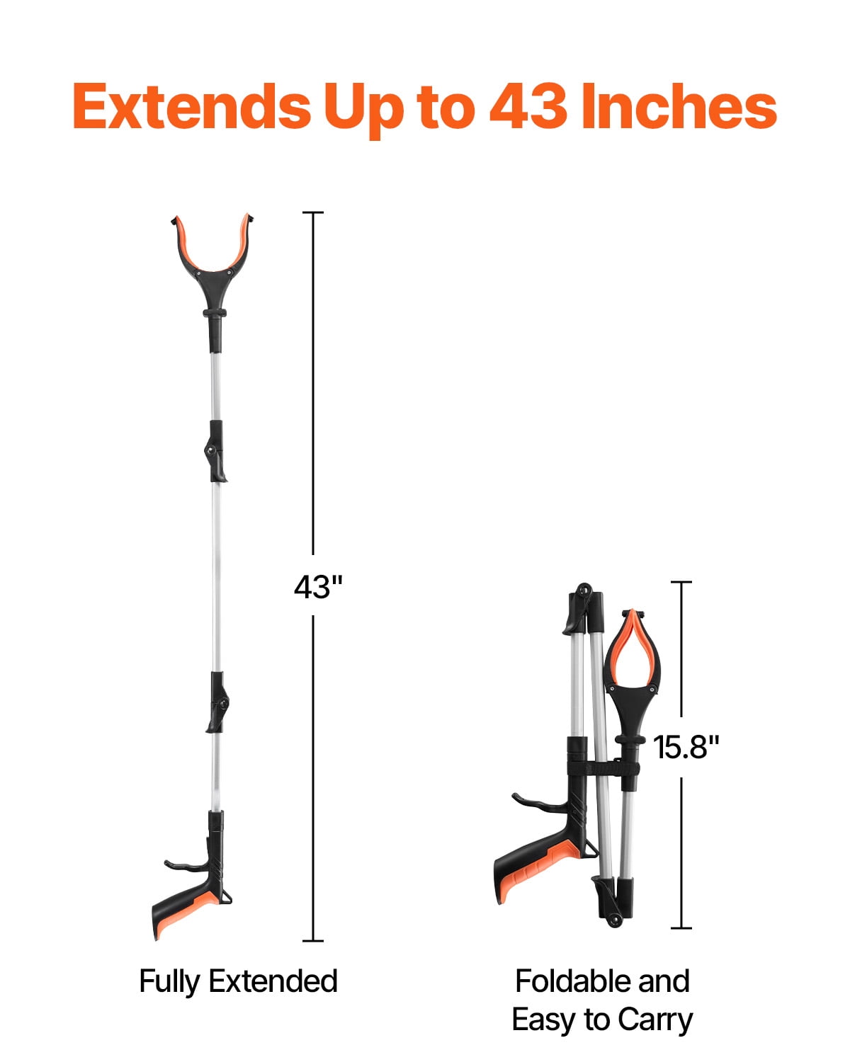 KFFKFF Assistance Device, 43" Collapsible Pick-Up Instrument with 360° Swiveling Clasp, Inbuilt Magnet and LED Illumination, Featherweight Aid for Elderly, Extended Length Litter Collection Tool