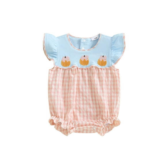 Rovasas Baby Girl Romper Flying Sleeve Round Neck Pumpkin Embroidery Jumpsuit