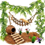 Crested Gecko Tank Accessories, Reptile Bridge and Plants with Coconut Shell Ladder Hideout, Natural Terrarium Decor for Lizard, Chameleon, Leopard Gecko, Snake, Hermit Crab and Tortoise (8PCS)