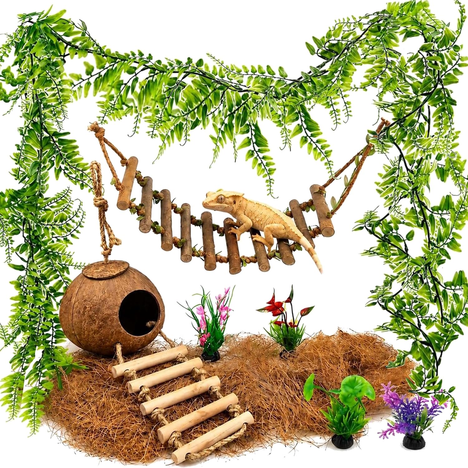 Crested Gecko Tank Accessories, Reptile Bridge and Plants with Coconut Shell Ladder Hideout, Natural Terrarium Decor for Lizard, Chameleon, Leopard Gecko, Snake, Hermit Crab and Tortoise (8PCS)