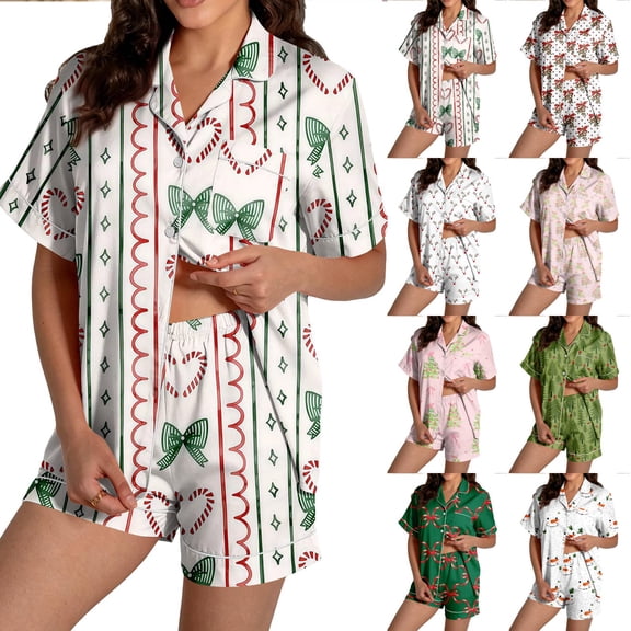 Women's Christmas Pajamas Short Sleeve Button Down Shirt Shorts Pajama Sets Christmas Loungewear Sets for Women 2 Piece Sleepwear