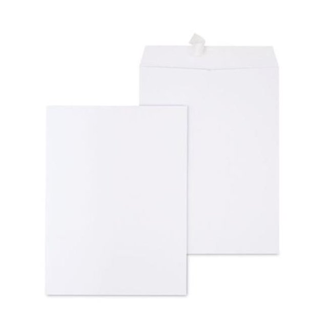 Universal UNV44101 Enveloppe Blanche de 9 x 12 Po avec Scellage EasyClose, Montrée dans une Vue Orientée vers l'Avant. l'Enveloppe Résiste aux Déchirures et aux Déchirures et Présente une Finition Blanche et Propre. Convient pour Envoyer des documents Ou Organiser la Paperasse, Souvent Utilisée comme Enveloppes à Lettres au Bureau et à l'École.