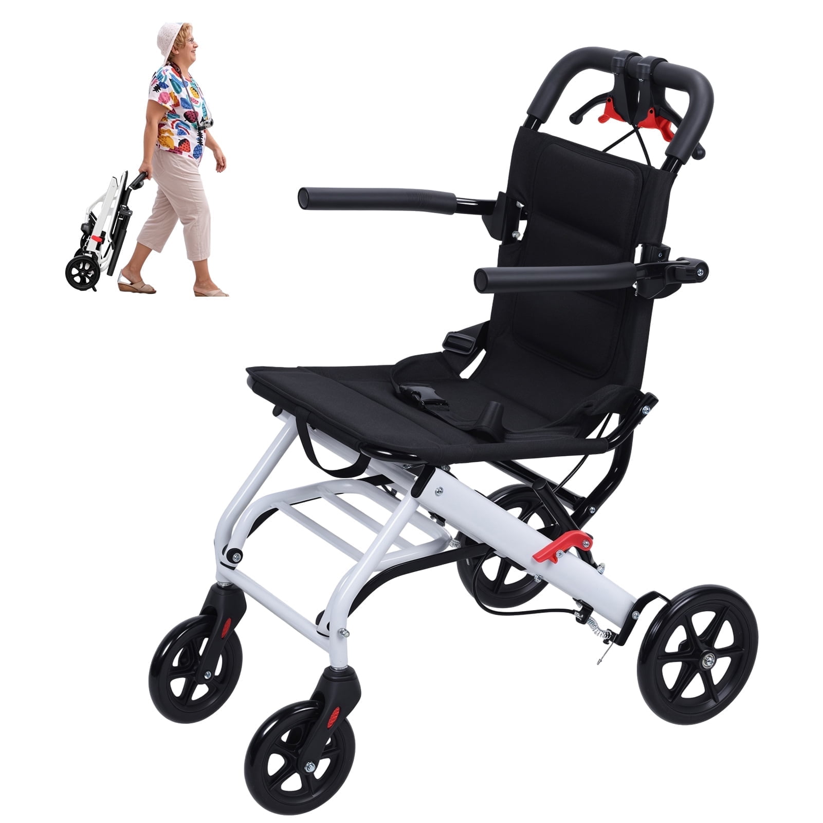 Folding Transport Wheelchair - Lightweight Aluminum Portable Transit Chair Supports 180lbs, Narrow Design for Doorways, Adults & Seniors
