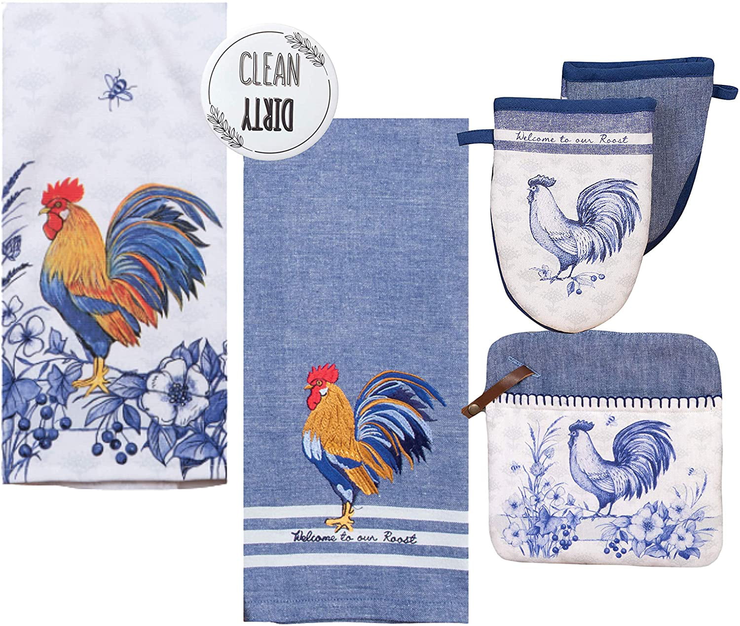 French Country Rooster Kitchen Towels Pot Holder Oven Mitt Sunflowers Blue Red 
