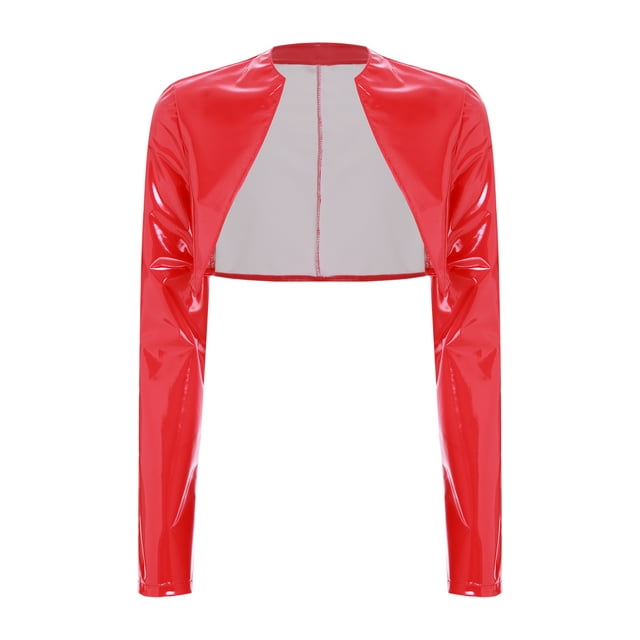 Yeahdor Veste Courte en Cuir Pu Brillant pour Femmes, Veste Bomber à Manches Longues pour Halloween Rouge TTG