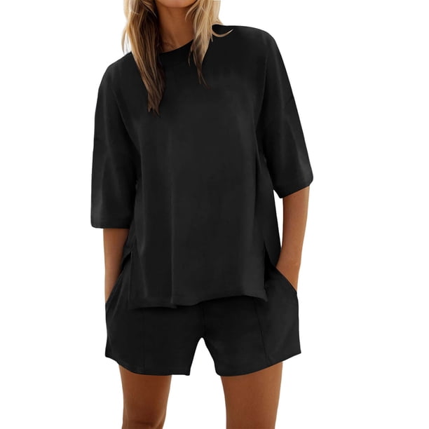 Conjunto de pantalones cortos y camiseta de manga media para mujer: conjunto de dos piezas oversize con cuello redondo para entrenar en verano