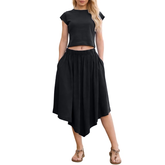 Womens 2 Piece Skirt Sets Crop Baby Tee Low Waist Midi Skirt Outfits Casual Matching Dress Set