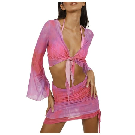 Zhden Bathing Suit Cover Up for Women Sheer Mesh Cover Up 2 Pieces Ruched Y2K Mini Skirt Sets Bikini Cover UpPink XL
