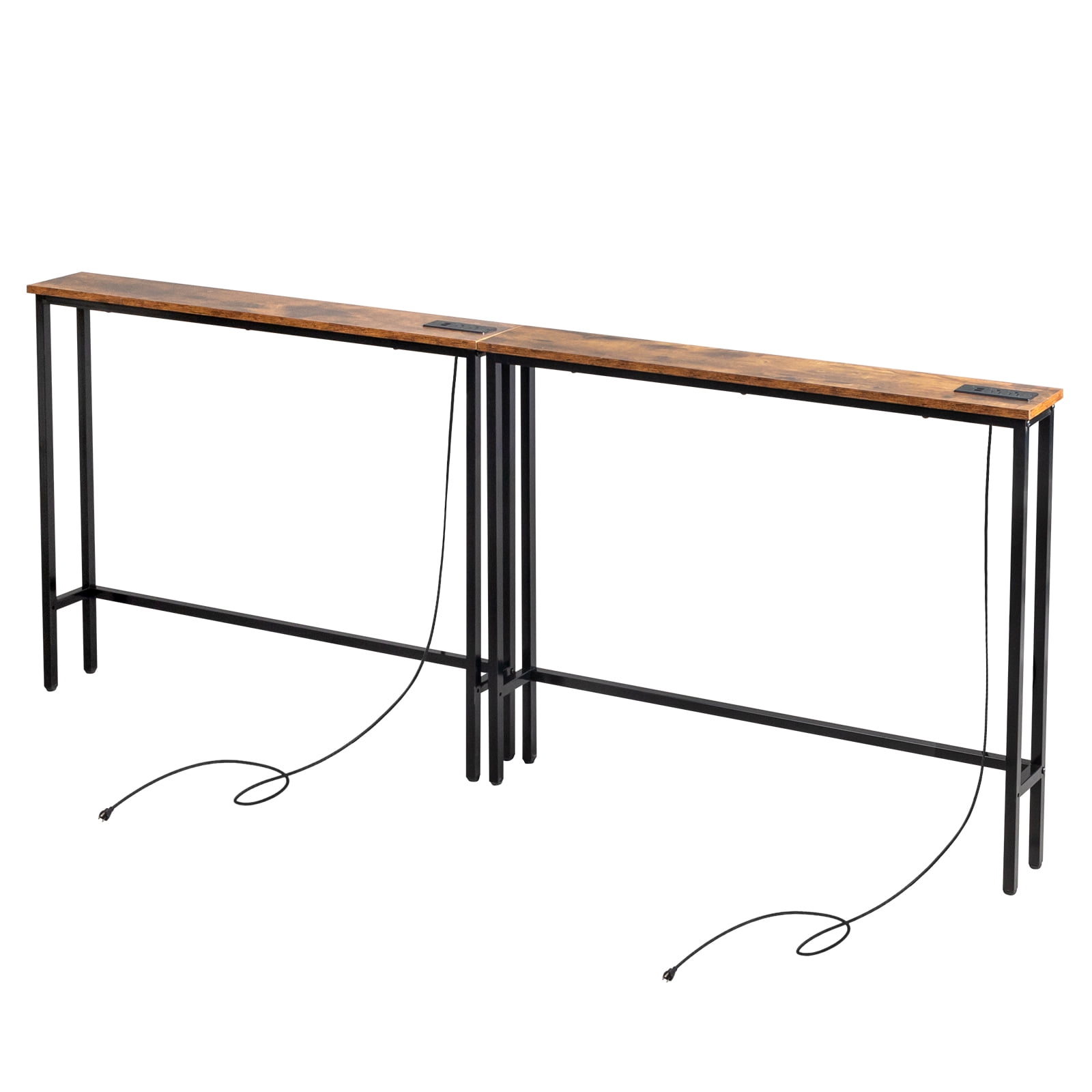 2 Pack 39.4" Narrow Console Sofa Table with Power Outlets and USB Ports, Long Couch Table with Metal Frame and Charge Station with 4.9ft Extension Cord, Rustic Brown