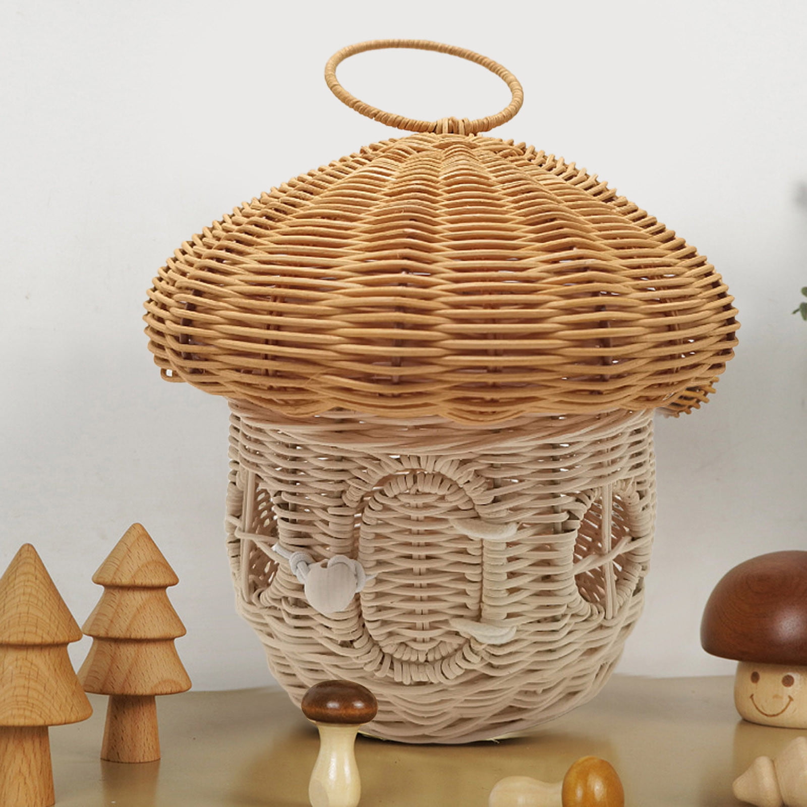 XINGXIANG Mushroom Basket with Lid,Easter Basket for Kids, Mushroom Storage Basket,Handmade Rattan Basket,Portable Picnic Basket,Woven Shelf Organizer for Doll House,Home Decoration(Round)
