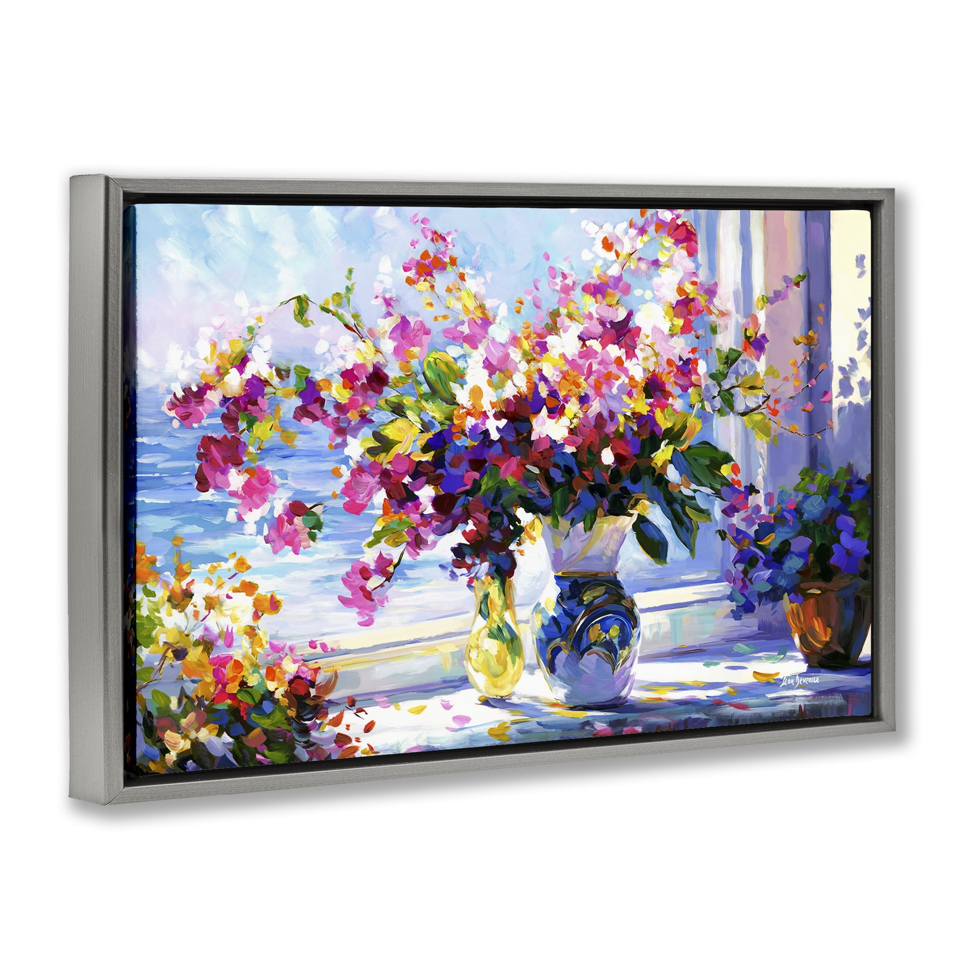 Stupell Industries Morning Sun Blooms Botanical & Floral Painting Gray Floater Framed Art Print Wall Art, 31 x 21