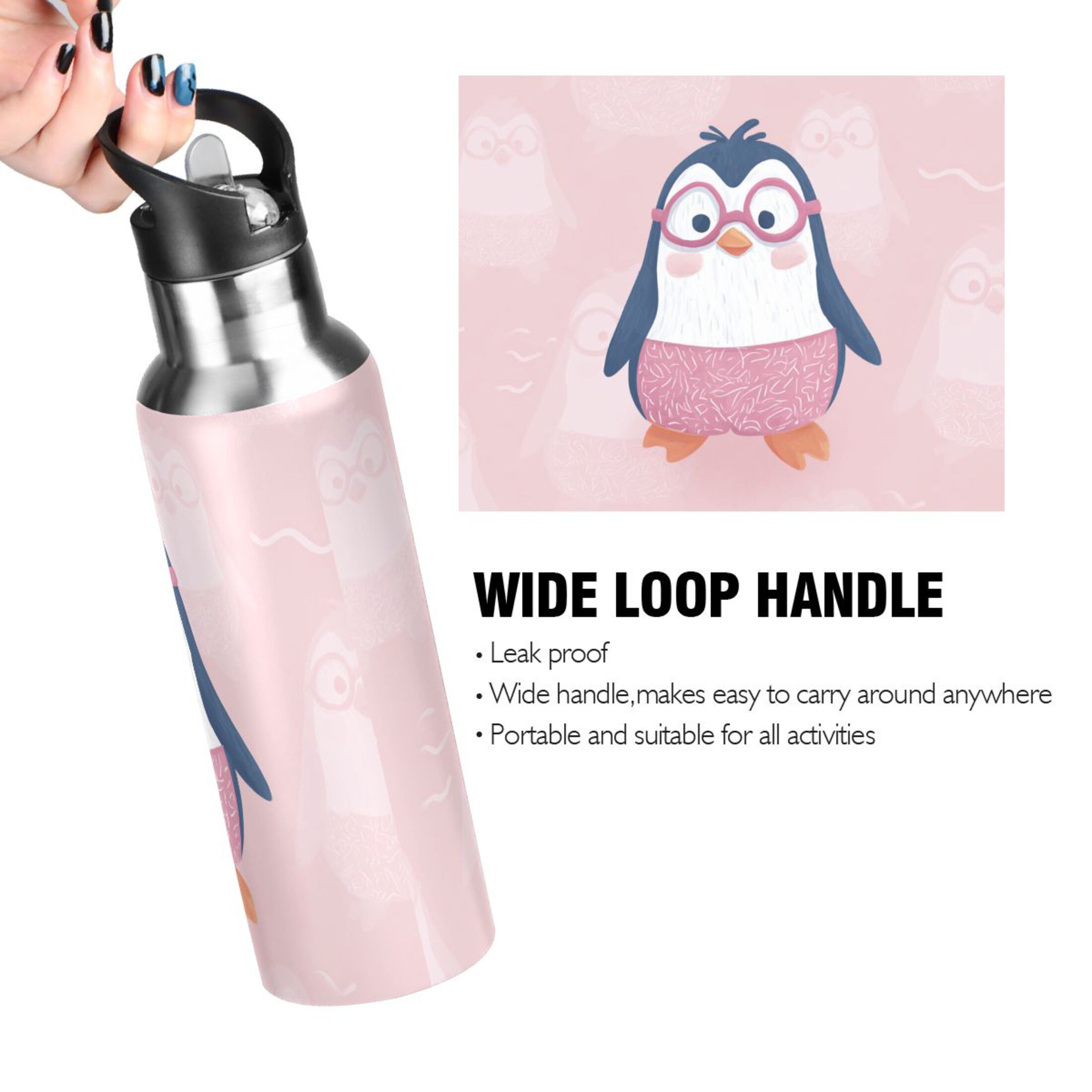 Cute Penguins in Pink Glasses Sports Bottle with Straw Stainless Steel Water Jug Portable Thermal Cup Leak-proof 1000ML