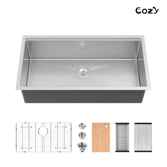 COZY Stainless Steel Kitchen Sink, Single Bowl, Undermount Handmade Sink in Brushed, with Cutting Board, Colander, Grid