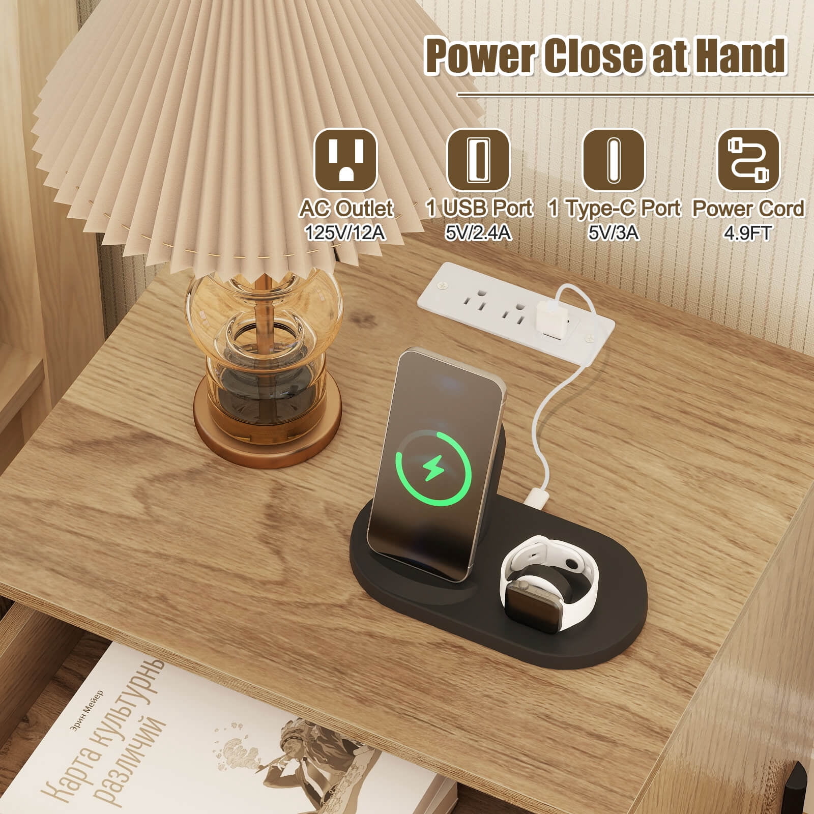 Costway 1PC Nightstand with Charging Station Drawer Compartment Modern Side End Table