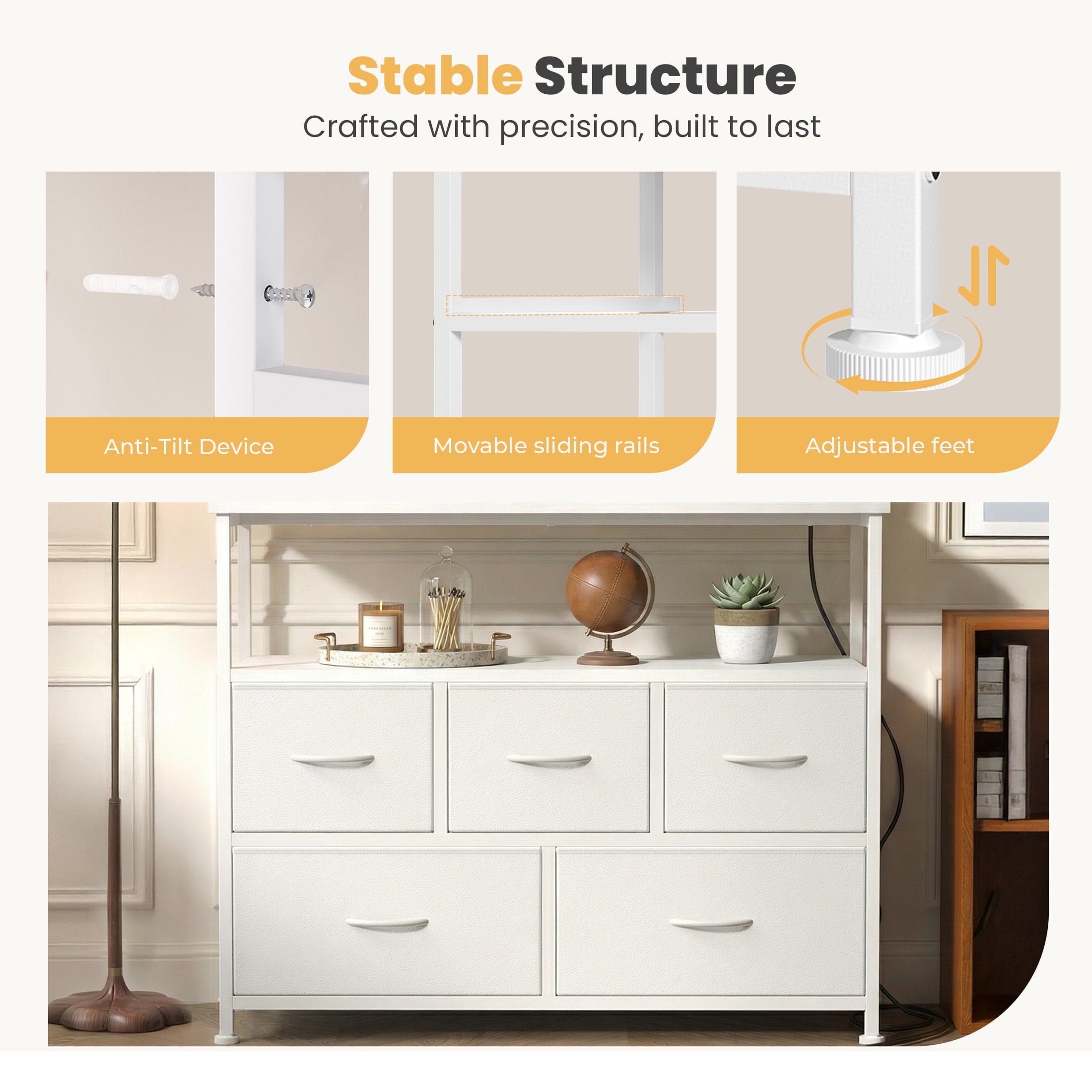 edx 5 Drawers TV Stand Dresser for 45" TV, Media Console with Charging Station & 2 Open Shelves, Storage Organizer for Bedroom Living Room, White
