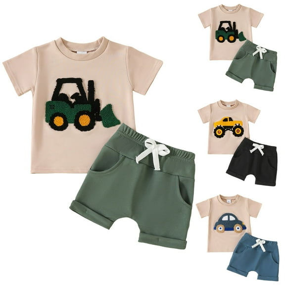 Ketyyh-chn99 Toddler Boys Casual Play Outfit 2025 Toddler Boy Summer Clothes Animal Embroidery Smocked Short Sleeve T-Shirt   Casual Shorts Size for 2-3 Years,Green