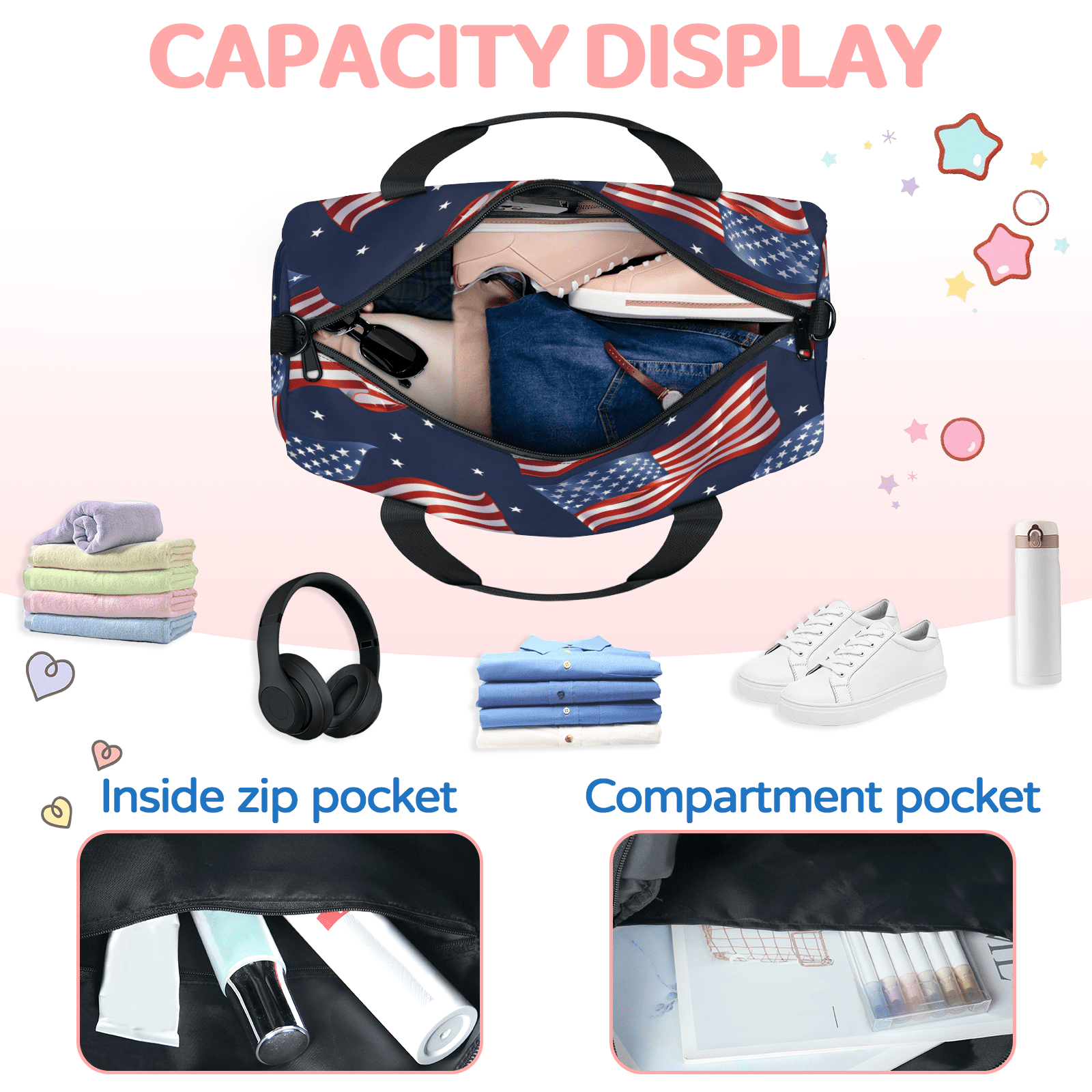 Herdesigns American Flag Gym Bag for Women, Duffle Bag for Travel Sport, 4th of July USA Flag Lightweight Waterproof Carry on Weekender Dance Yoga Workout Bags