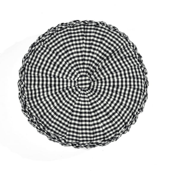 Gingham Check Yarn Dyed Pleated Decorative Pillow Off White/Black Single 14" Diameter