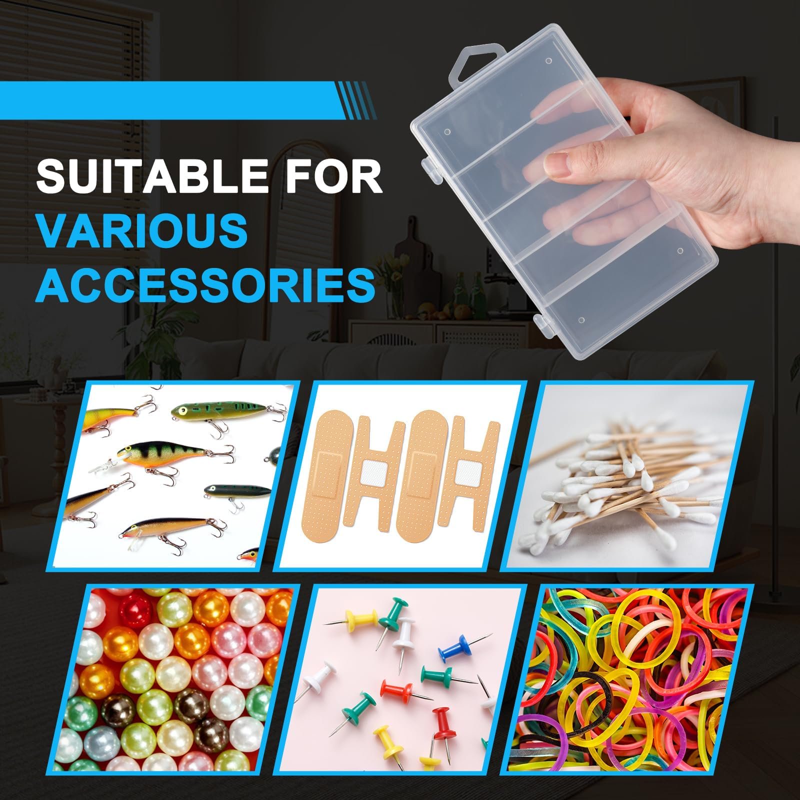 2 Pack 5 Compartment Clear Plastic Tackle Box Organizer 7.09×4.33×1.18 Inch