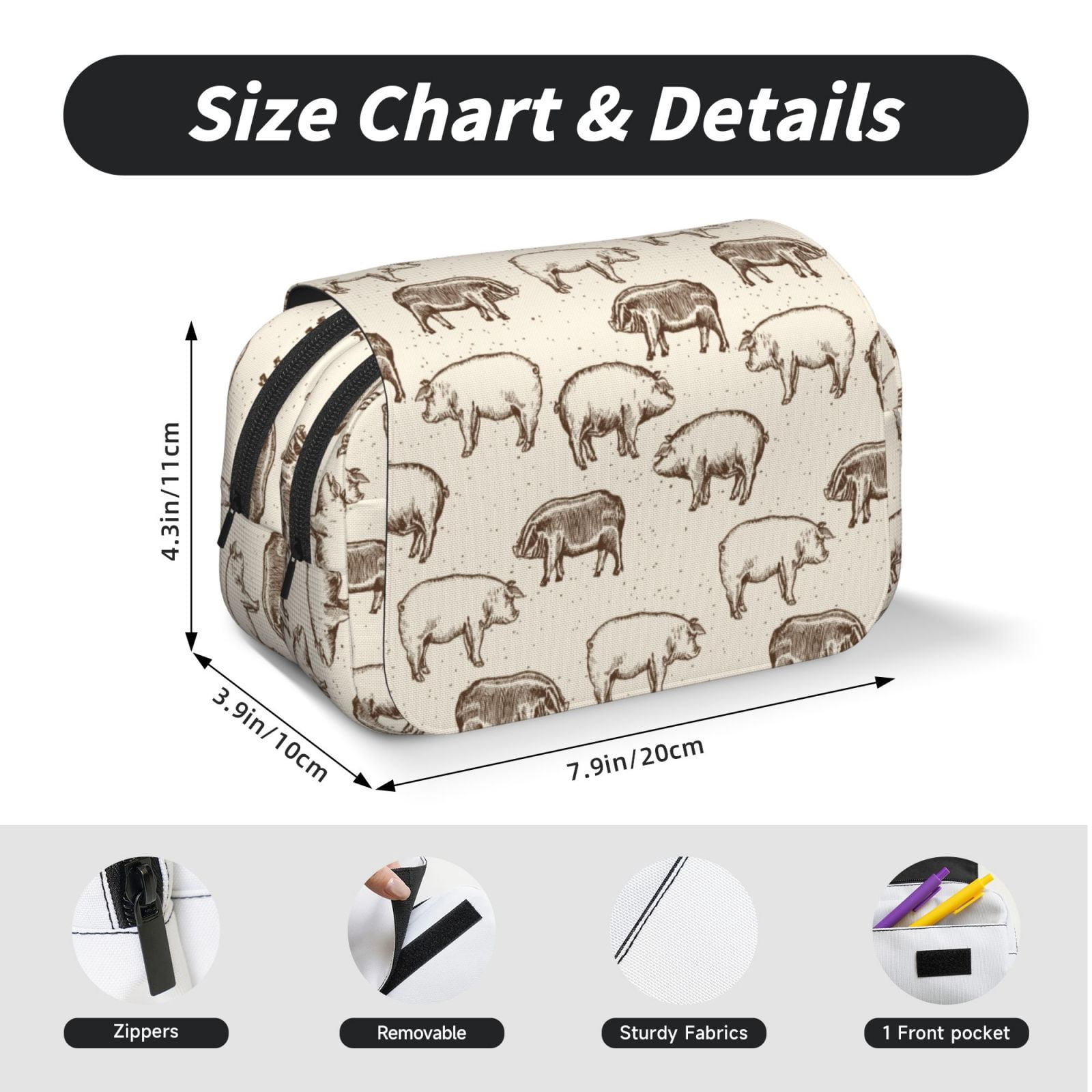 Rateoe Vintage Farm Pigs Pattern Double Clamshell Pen Case, Storage Organizer with Two Zipper Compartments– Holds Up to 50 Pencils & Pens