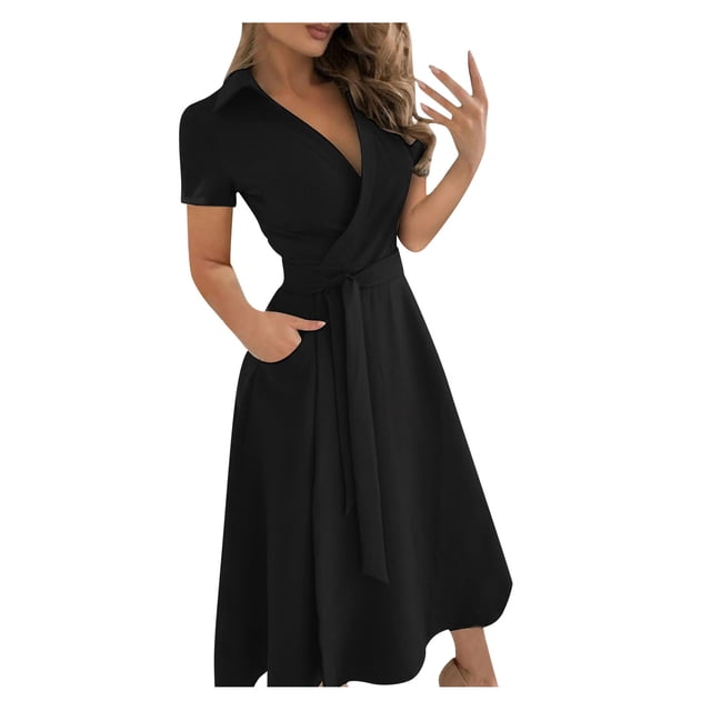 Cathalem Robe Décontractée pour Femme, Robe Trapèze en Mousseline Bohème, Robe Décontractée à Manches Courtes, Longue Robe de Plage, Noir m