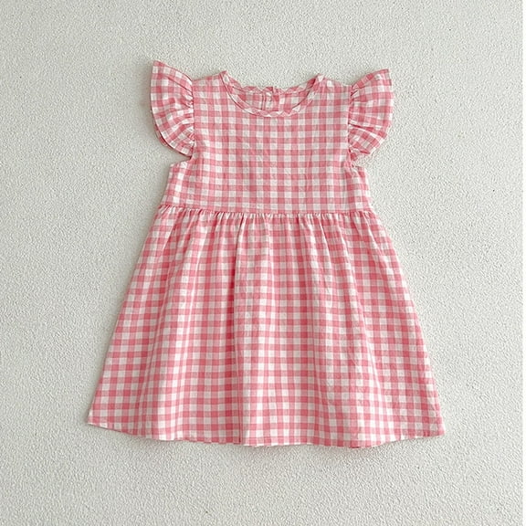 Girls Summer New Plaid Flutter Sleeve Dress Sweet Cute Princess Tulle Skirt Kids Birthday Party Holiday Casual Outfit,Pink,120