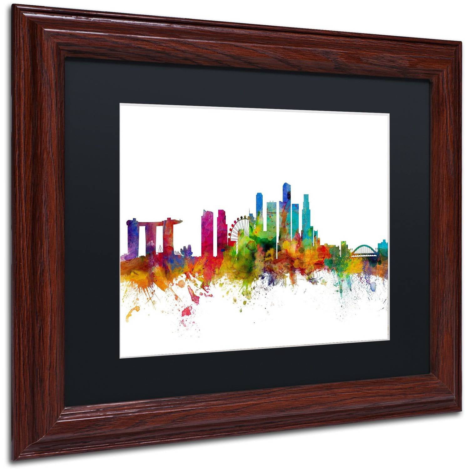 Trademark Fine Art "Singapore Skyline II" Canvas Art by Michael Tompsett Black Matte, Wood Frame