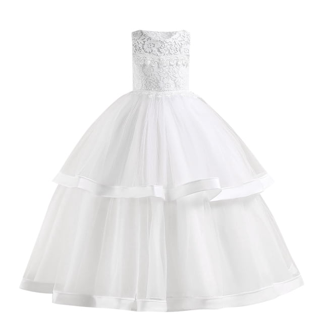 Économies d'Été! HVOBTTY Robe Élégante Sans Manches pour Fille, Robe de Fête Sans Manches pour Enfants à Encolure Ronde, Robe de Princesse en Maille Rouge Brodée Exquise 3D, Robe de Soirée Blanche 9 Ans