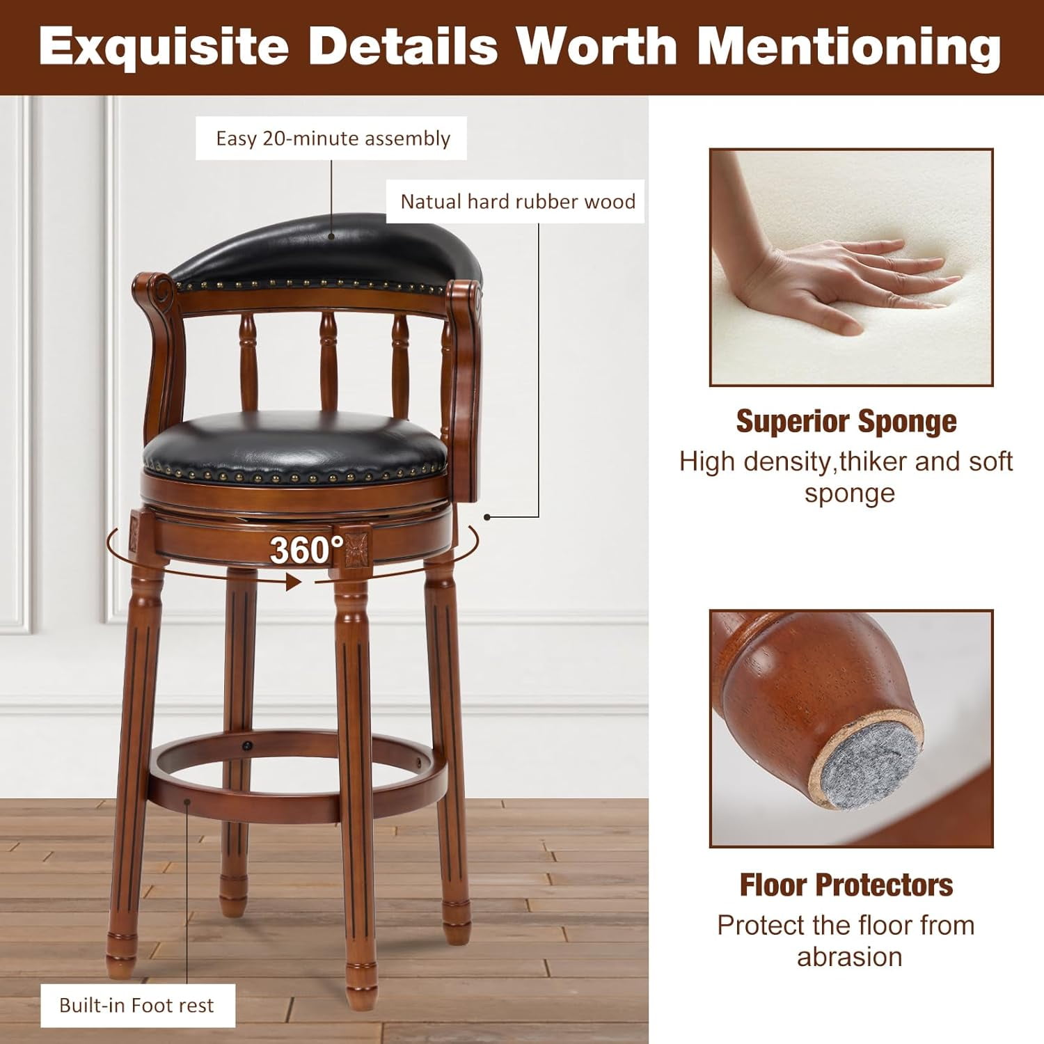 AULIFE Bar Stools Mid-Back Modern Swivel Barstools,Kitchen Counter Genuine Leather Upholstered Island Barstool with Footrest for Home Kitchen Dining Room