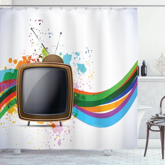 Vintage Rainbow Shower Curtain, Old Television with Colorful Wavy Lines Color Splashes Media Communication, Fabric Bathroom Set with Hooks, 69W X 70L Inches, Multicolor, by Ambesonne