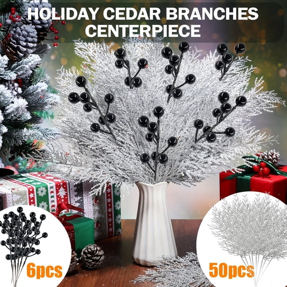 (56 Pcs) 50 Silver Artificial Christmas Pine Sprigs 6 Black Glitter Berry & Pine Sprigs (7.8 Inches) — Suitable for Vases, Gift Embellishment, Wreath Making, and DIY Christmas Home Decor