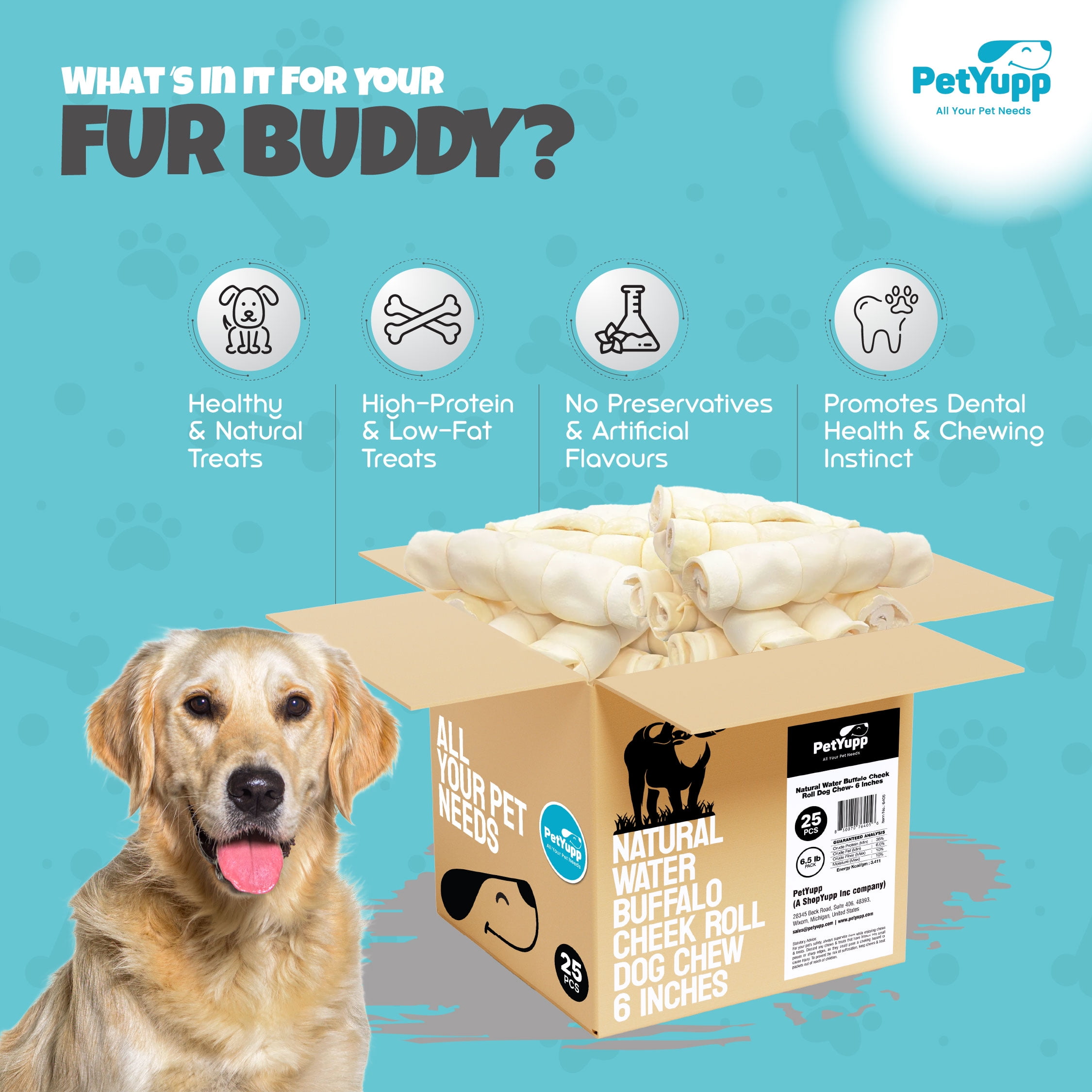PetYupp Water Buffalo Cheek Roll Retriever Style for Dogs - Pack of 25 Pieces, 6 Inch Each