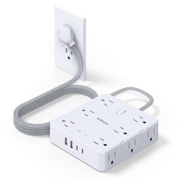 Surge Protector Power Strip with USB Ports - 5ft Extension Cord with Multiple 12 Outlets, Flat Plug, Wall Mount, 2 USB A, 1050J, for Home Office Black Indoor