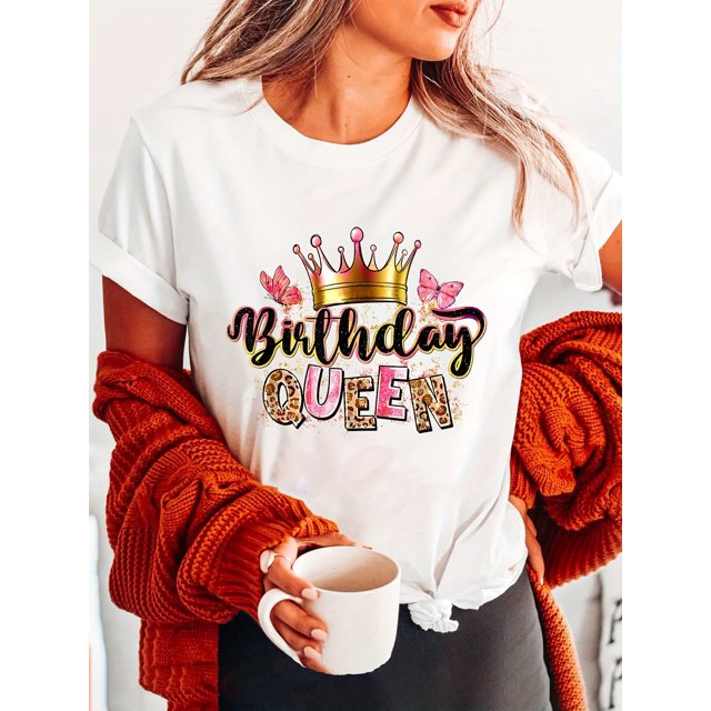 Birthday Queen Print T-Shirt, Casual Crew Neck Short Sleeve T-Shirt For Spring & Summer, Women's Clothing