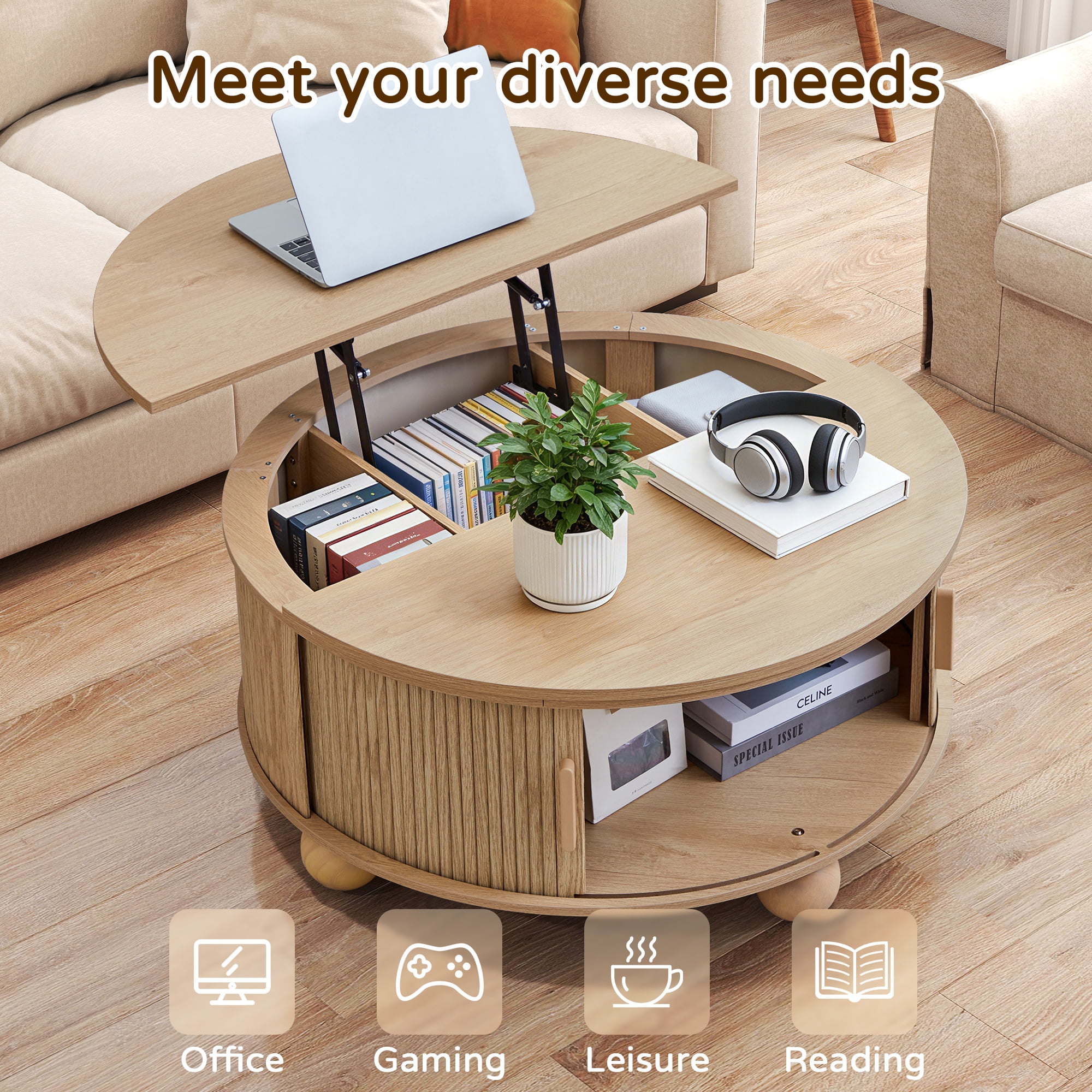 YOCWO Lift Top Coffee Table with Sliding Door and Round Leg, Fluted Round Coffee Table with Hidden Compartments Storage for Living Room, Natural