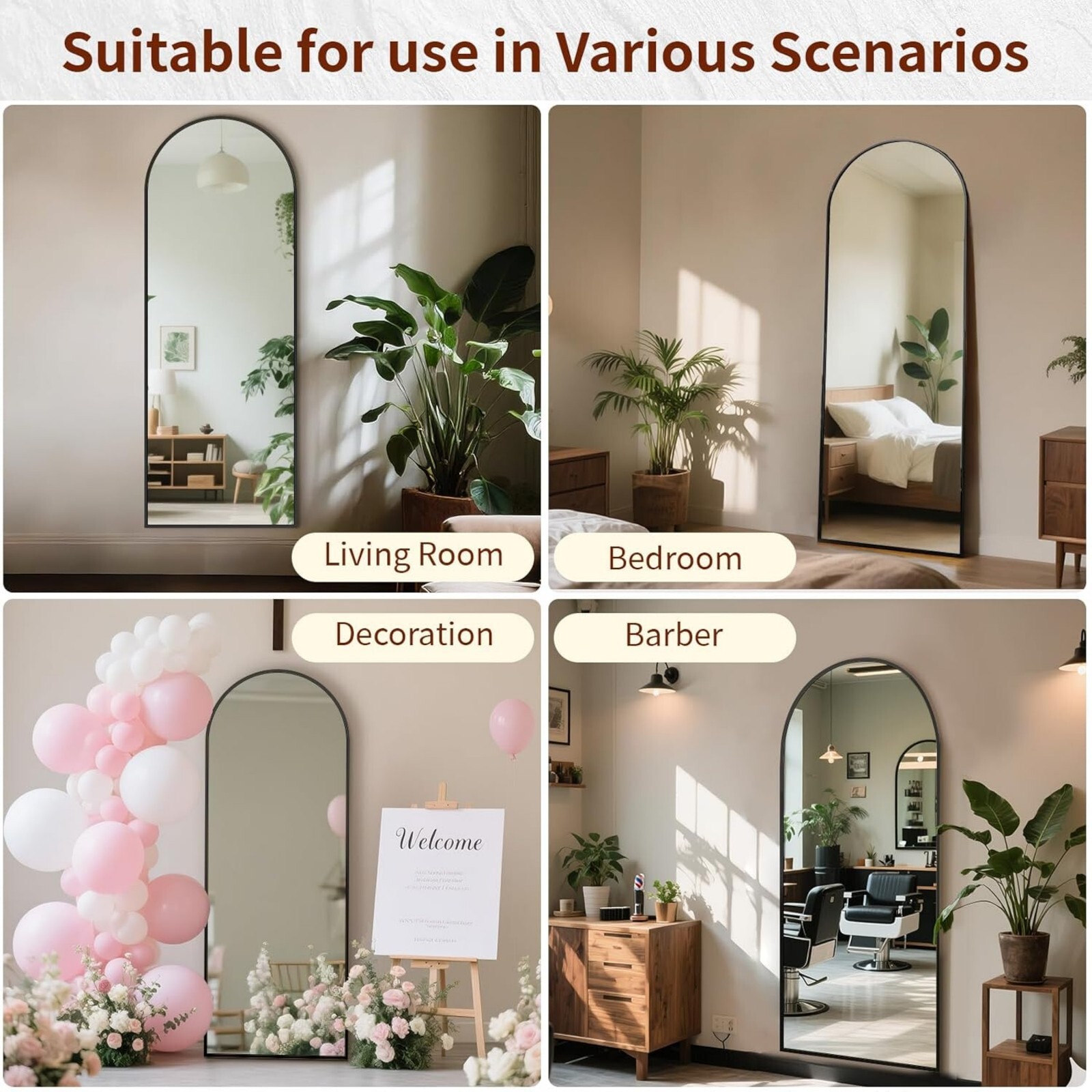 Lumora 24"x65" Full Length Arched Aluminum Alloy Standing Floor Mirror, Black