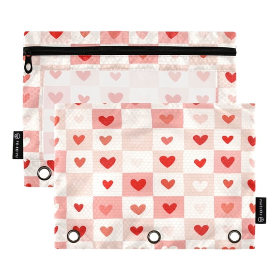 2 Pack 3 Ring Binder Pouch with Clear PVC Window Water Resistant Zipper Pencil Pouch Sweetheart Grid Of Love Binder Pocket for Classroom Office Home Stationery Organization