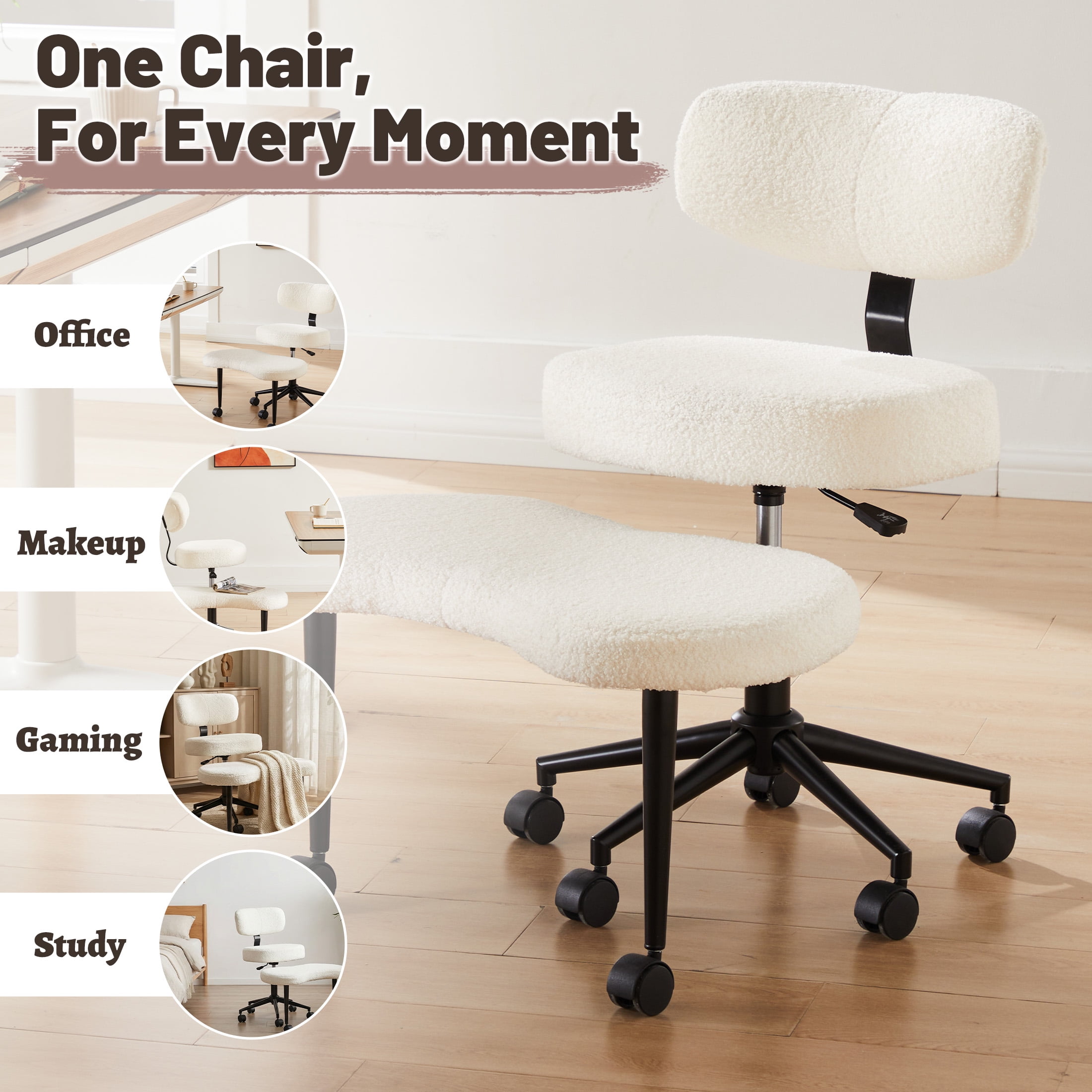 MCQ Ergonomic Cross Legged Office Chair for Adults, PU Leather, Adjustable Height, 360° Swivel, White