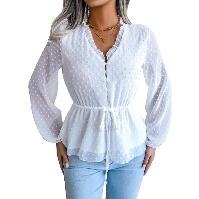 Top de lunares de manga larga Camisa anudada con estampado informal para mujer Blusa con manga de linterna Blanco L