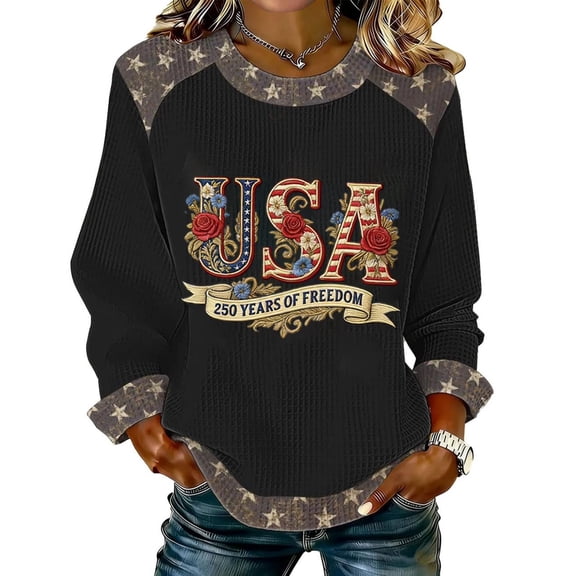 Women’s Long Sleeve Crewneck Top USA Graphic Print Casual Loose Fit Pullover Sweatshirt 250 Years of Freedom Design Black L