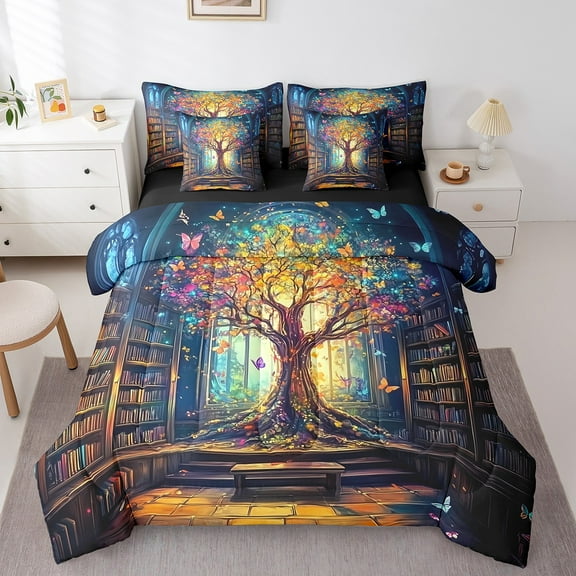 Erosebridal Life Tree Bedding Sets Twin Size for Teens, Boho Library Comforter Sets with Sheets, Retro Bookshelf Decor, Reversible