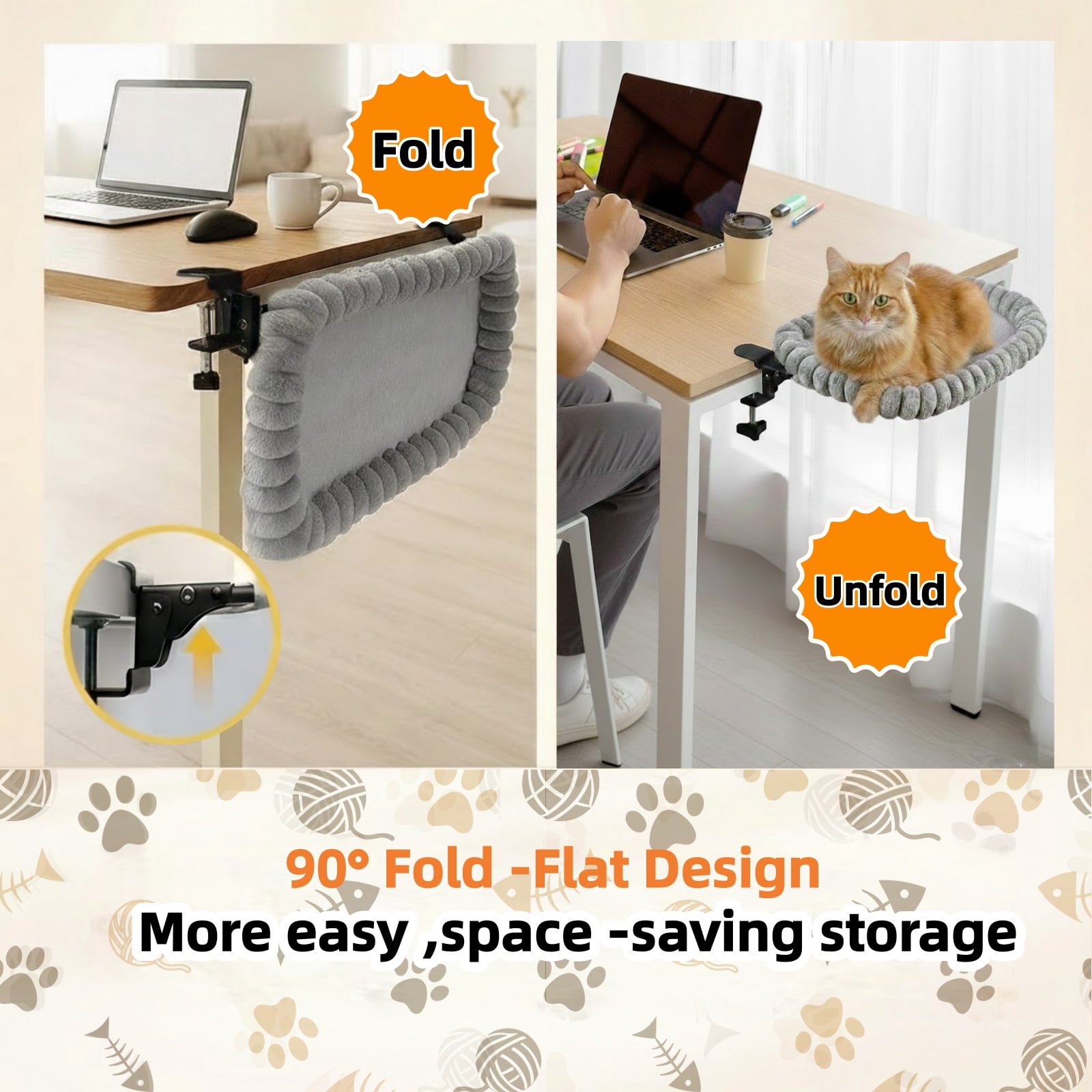 Clamp-On Hammock Rabbit Faux Fur Cat Desk Bed, Grey, Medium